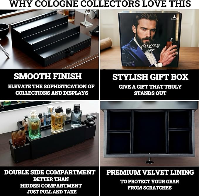 Wooden Cologne Organizer for Men 3 Tier | Black Perfume Holder Shelf for Dresser | High Grade Velvet Lining and Stylish Gift Box | Uncluttered Design Perfume Display Stand