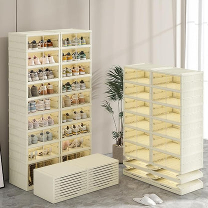 Dimmeda 9 Tiers Foldable Shoe Rack Organizer for Closet with Wheels, 36Pairs Plastic Collapsible Shoe Shelf for Front Door Entrance Stackable Clear Folding Shoes Storage Boxes Tall Shoe Cabinet