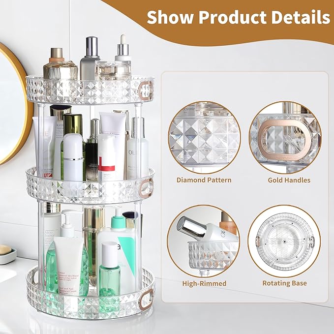 360 Rotating Makeup Organizer for Vanity, 3 Tier Diamond Pattern Perfume Organizer, 10.7" Large Capacity Lotion Skincare Organizer, Perfume Stand, Bathroom Countertop Organizer, Clear