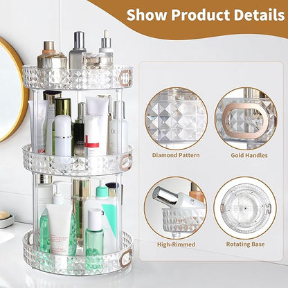 360 Rotating Makeup Organizer for Vanity, 3 Tier Diamond Pattern Perfume Organizer, 10.7" Large Capacity Lotion Skincare Organizer, Perfume Stand, Bathroom Countertop Organizer, Clear