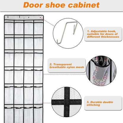 Over the Door Shoe Organizer, 24 Pocket Breathable Mesh Hanging Shoe Organizer, Shoe Holder, Sturdy over the Door Storage Fits for Size 13 Shoes 59x21 Hanging Shelves, White