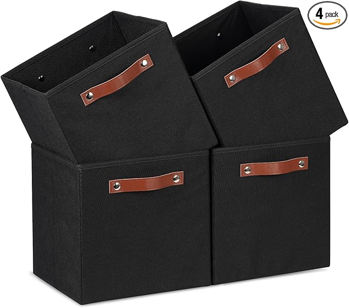 Temary 11x11 Storage Cubes Fabric Cube Storage Bins with Handles Clothes Storage Boxes Baskets for Organizing Home, Shelf, Closet (Black, 11 x 11 x 11)