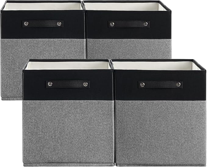 FinishingBo 13 x 13 Inch Fine Linen Storage Bins with Handles，Fabric Cube Boxs，Basket Organizers for Shelves for Home, Closet Drawers (Black/Gray-4 Pack)