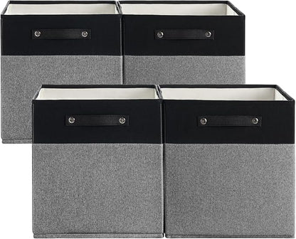 FinishingBo 13 x 13 Inch Fine Linen Storage Bins with Handles，Fabric Cube Boxs，Basket Organizers for Shelves for Home, Closet Drawers (Black/Gray-4 Pack)