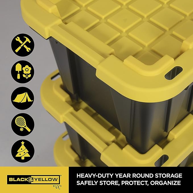 CX BLACK & YELLOW 12-Gallon Heavy Duty Storage Bins with Lids, Stackable Plastic Storage Bins with Weather-Resistant Design, Home Organization, 4 Pack (12.51H x 16.3W x 21.8D)