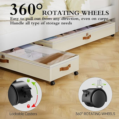 Yecaye 85 L Under Bed Storage with Wheels, 2 Pack Under Bed Storage Containers with Adjustable Dividers & Lids, Large Rolling Underbed Organizer Bins Drawers for Clothes, Shoes, Blankets Toys, Beige