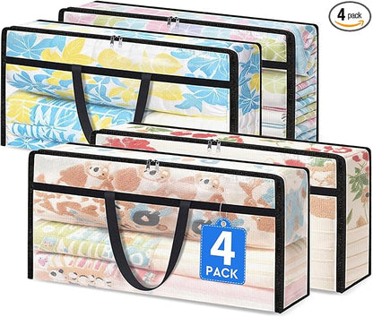 TasticTotes 4 Pack Long Clear Storage Bags for Comforter, Clothes & Bedding, Plastic Blanket Storage with Zipper and Handle, Moving Bags, Closet Organizer and Under-Bed Storage (90L, 39.4"*7.1"*19.7")