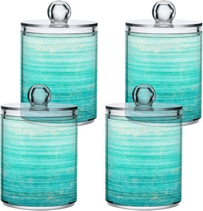 Grunge Turquoise Teal Wood Qtip Dispenser Apothecary Jars Farmhouse Green Bathroom Qtip Holder Storage Canister Plastic Jar 10 Oz for Cotton Ball Swab Round Pads Floss 4pcs