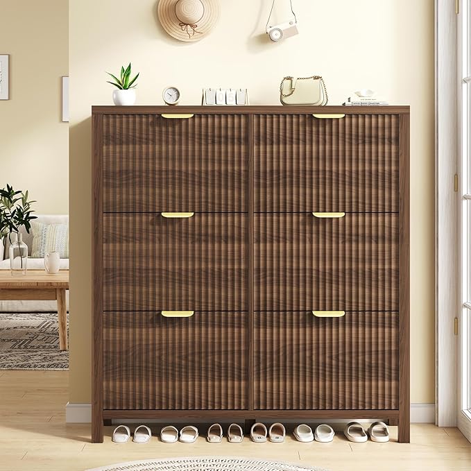 YOMILUVE 47.3" Shoe Cabinet Storage for Entryway, Fluted Shoe Cabinet with 6 Flip Drawers, Hidden Shoe Rack Freestanding Wooden Shoe Organizer with Legs for Hallway, Walnut