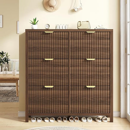 YOMILUVE 47.3" Shoe Cabinet Storage for Entryway, Fluted Shoe Cabinet with 6 Flip Drawers, Hidden Shoe Rack Freestanding Wooden Shoe Organizer with Legs for Hallway, Walnut