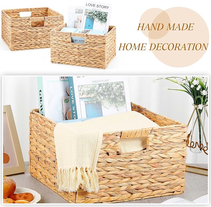 Jinei 12 Pcs Wicker Storage Basket Bulk 13 x 13 x 8 Inch Handwoven Water Hyacinth Cube Bin with Handles Woven Laundry for Organizer Shelves Wood Color