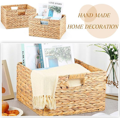 Jinei 12 Pcs Wicker Storage Basket Bulk 13 x 13 x 8 Inch Handwoven Water Hyacinth Cube Bin with Handles Woven Laundry for Organizer Shelves Wood Color