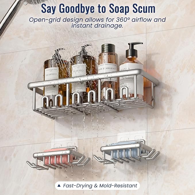 8 Pack Adhesive Rustproof Shower Caddy with Soap Dishes, Toothbrush Holder & Hooks, Large Capacity No-Drilling Shower Shelves Rack for Bathroom Organizers and Storage Accessories, Silver