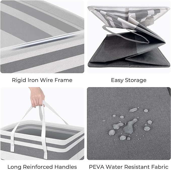 HomeHacks 2 Pack Large Laundry Baskets, Waterproof, Freestanding Laundry Hampers, Collapsible Clothes Hamper with Reinforced Handles in Laundry, College Dorm, Bathroom, Bedroom (Grey+Blue, 75Lx2)