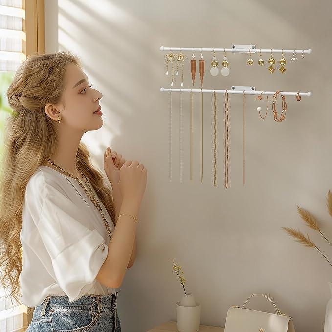 Wall Hanging Jewelry Organizer: 12.6'' Necklace Holder for Earring, Bracelet, Rings, Hairband, Glasses, White 2-Pack, Screws Included