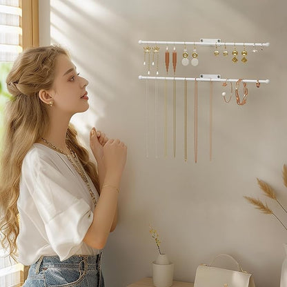 Wall Hanging Jewelry Organizer: 12.6'' Necklace Holder for Earring, Bracelet, Rings, Hairband, Glasses, White 2-Pack, Screws Included