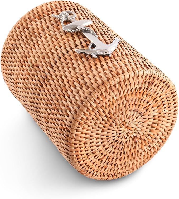 Vagabond House Utensil Holder - Large, Durable, Eco-Friendly Wicker Rattan Crock with Pewter Anchor - Versatile Kitchen Organizer, Perfect for Coastal Kitchen, Beach Themed Office - Boho Decor 8 Inch