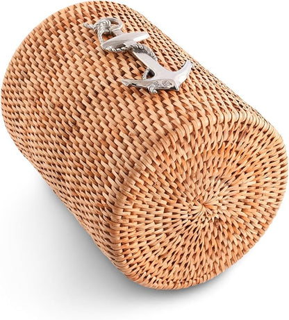 Vagabond House Utensil Holder - Large, Durable, Eco-Friendly Wicker Rattan Crock with Pewter Anchor - Versatile Kitchen Organizer, Perfect for Coastal Kitchen, Beach Themed Office - Boho Decor 8 Inch