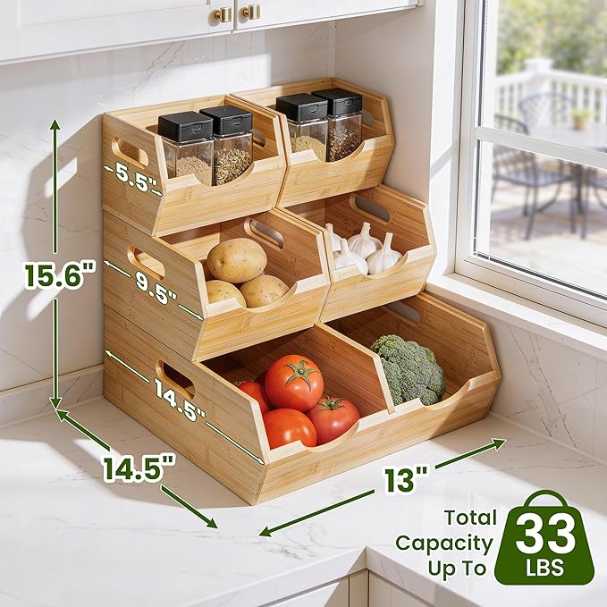 HOMESTEAD 3-Tier Bamboo Pantry Storage Bins – Stackable Potato & Onion Storage Bin with Handles, Fruit Basket & Produce Organizer for Kitchen Countertop, Pantry Organization, Set of 5