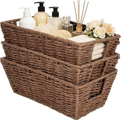 Paper Rope Storage Baskets for Shelves Organizing, Small Hand Woven Wicker Organizer Basket with Handle for Bathroom Toilet Paper Storage, Brown, 3-Pack