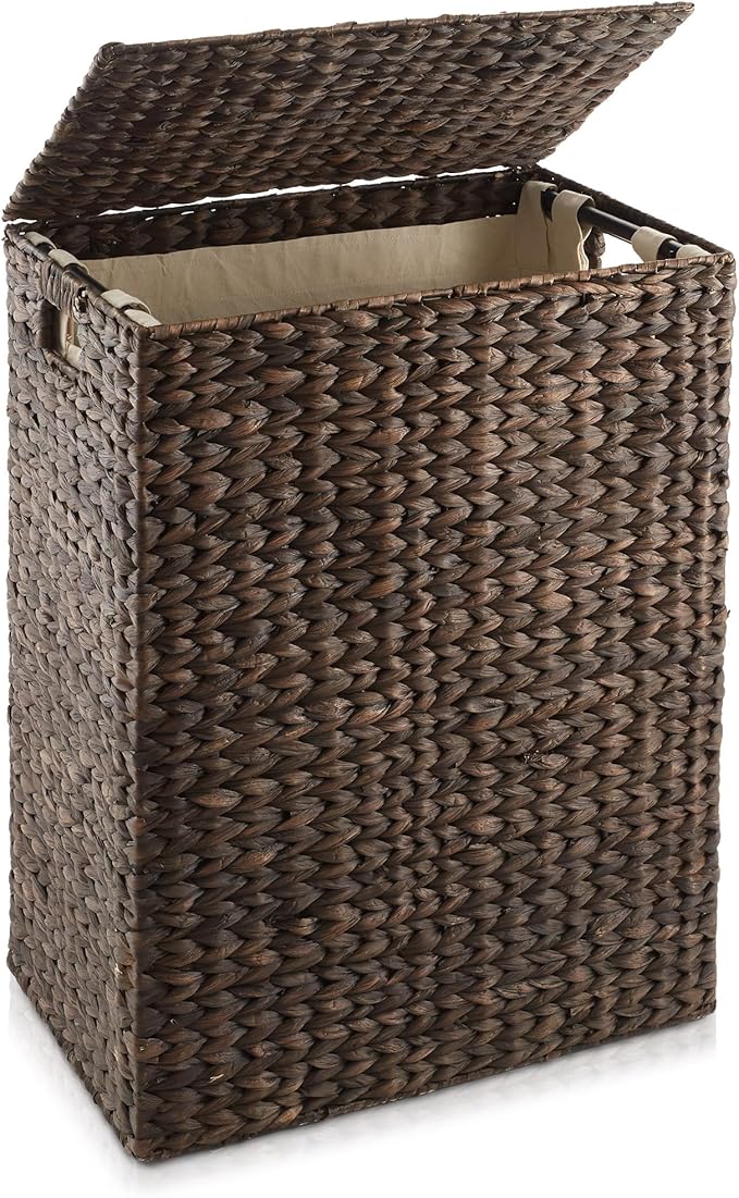 Casafield Large Laundry Hamper with Lid and Removable Liner Bag - Espresso Dark Brown, Woven Water Hyacinth Rectangular Laundry Basket Clothes Sorter