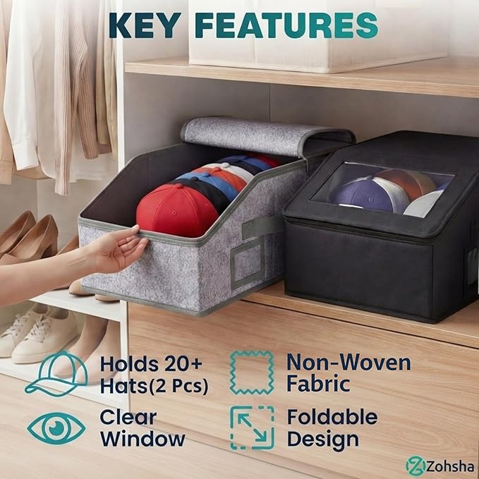 2-Pack Hat Organizer Boxes – Holds Up to 24 Caps, 1 Grey + 1 Black, Stackable Baseball Cap Storage, Breathable Fabric, Clear Window Lid, Foldable & Dustproof Hat Rack for Closet or Shelf