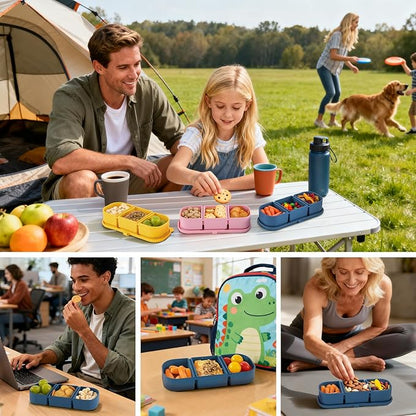 3 Pack Silicone Reusable Snack Containers with Lids - 3 Compartment Snackle Box for Kids & Adults, BPA-Free & Leakproof, Small for Dressing, Sauces, School, Office, Picnic（Blue, yellow, pink）