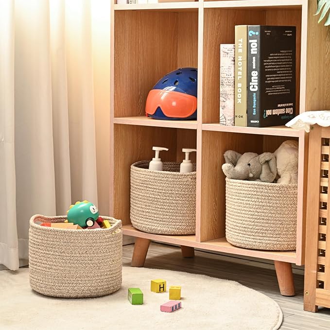 ICERZCZ Small Storage Baskets for Organizing, Organizer Baskets for Shelves, Small Woven Basket for Storage, Cute Cotton Rope Basket for Gifts Empty, 9.7"×9.7"×7" (3 Packs) Brown