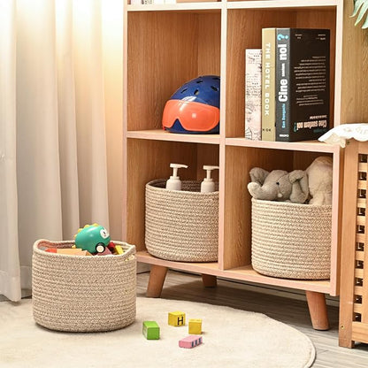 ICERZCZ Small Storage Baskets for Organizing, Organizer Baskets for Shelves, Small Woven Basket for Storage, Cute Cotton Rope Basket for Gifts Empty, 9.7"×9.7"×7" (3 Packs) Brown