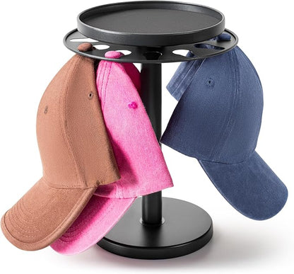 kondyfayo 360° Rotating Hat Organizer for Baseball Caps, Stainless Steel Hat Rack Holder with Top Storage Tray for Small Essentials, Ball Cap Storage Organizer for Closet, Entryway, Display (M-Black)