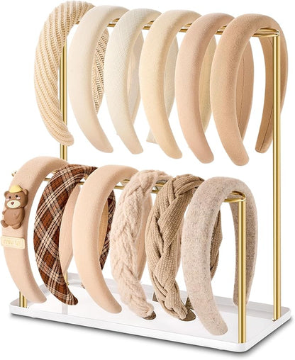 pickpiff Headband Holder Organizer Metal 2-Tier with Tray: Hair Accessories Display Stand Storage, Purse Charms Key Rings Rack Necklace Stand Home Bedroom for Girls Women, Gold