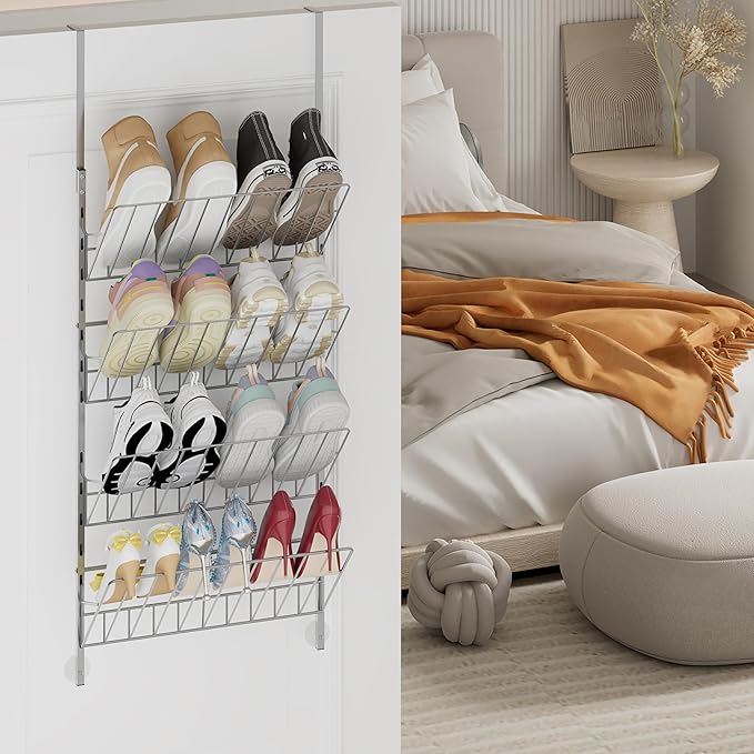 SWTYMIKI Over the Door Shoe Organizer - Adjustable 4 Tier Hanging Shoe Rack Organizer, Metal Heavy Duty Behind Door Storage or Wall Mount Shoes Shelf for Flats, Heels, Sneakers, Boots Sliver