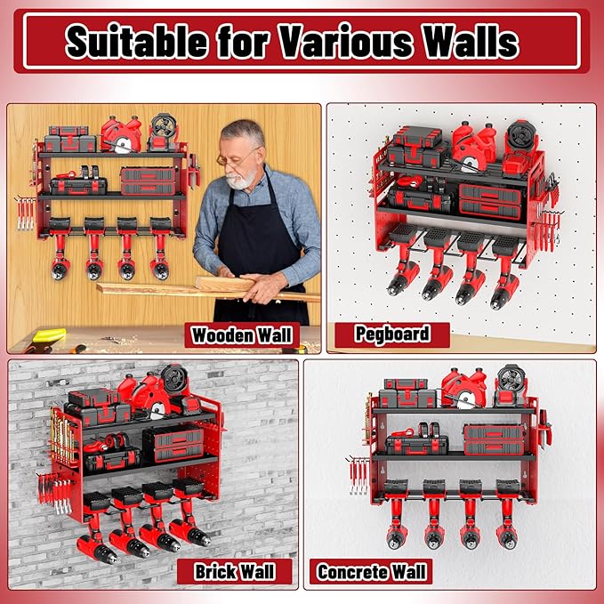 Modular Power Tool Organizer Wall Mount, Garage Drill Storage Shelf with Hooks, Heavy Duty Metal Premium Garage Tool Shelf, Gift for Man Cordless Tool Storage Rack (Red)