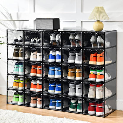Stebopum 12 Pack Stackable Shoe Storage Organizer with Magnetic Door, Shoe Boxes Clear Black Plastic for Closet, Shoe Rack for Sneaker Boot Container, Shoe Cabinet Fit up to US Size 12