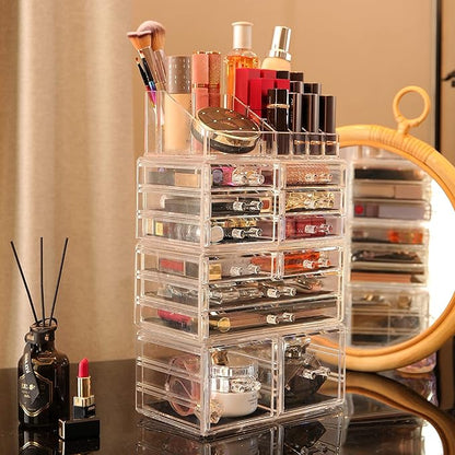Cq acrylic 4 Pack Clear Makeup Organizer Countertop,Stackable 12 Drawers Skincare Organizer,Cute Skin Care Organizer for Vanity Hair Clip,Jewelry,Beauty Product Desk and Make Up Organizers for Vanity