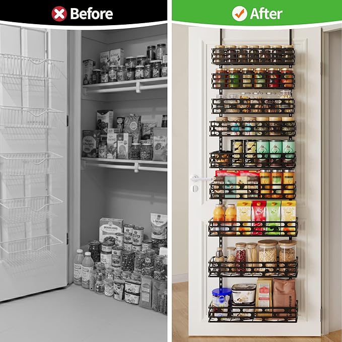 Over The Door Pantry Organizer, 9-Tier Pantry Organizers and Storage with Adjustable Basket, Hanging Spice Rack for Home & Kitchen, Laundry Room Bathroom, Black