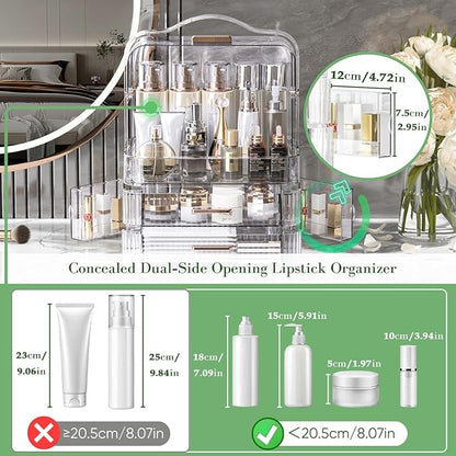 LINFIDITE Cosmetics Storage Box Transparent Lid Large Makeup Organizer Box Drawers Portable Handle Waterproof Dustproof Skincare Display Cases for Countertop, Bathroom, Dresser, PET,Clear Green