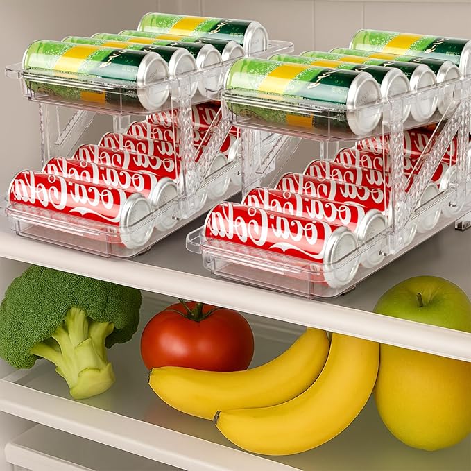 CECOLIC 2 Pack Drink Organizer for Refrigerator, Soda Can Dispenser, Adjustable Width Canned Food Pop Cans Container Beverage Holder for Fridge Organizing, Clear Plastic Storage Bins