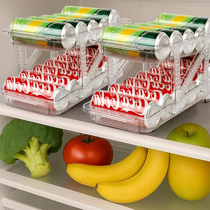 CECOLIC 2 Pack Drink Organizer for Refrigerator, Soda Can Dispenser, Adjustable Width Canned Food Pop Cans Container Beverage Holder for Fridge Organizing, Clear Plastic Storage Bins
