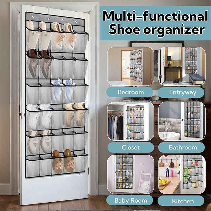 VZZNN 2-Pack Over Door Shoe Rack, 30 Compartment Breathable Mesh Hanging Organizer for Closet (Gray)