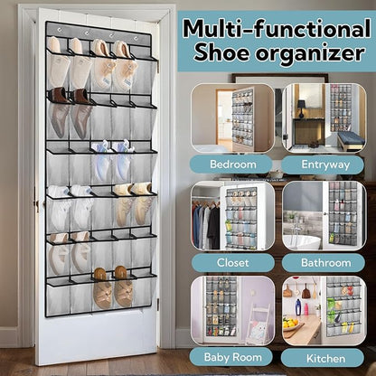 VZZNN 2-Pack Over Door Shoe Rack, 30 Compartment Breathable Mesh Hanging Organizer for Closet (Gray)