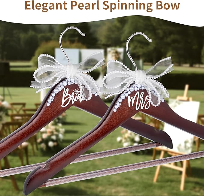Bride Hanger for Wedding Dress Wooden Pearl Hangers with Pearl Ribbon Bow Elegant Bridal Mrs Wedding Dress Hanger, 2PCS Personalized Wedding Hangers (Walnut)