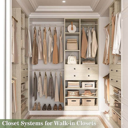 Besiost Closet System, 4.2–8.8 FT Closet Organizer with 2 Wooden Drawers and Shelves, Walk-in Closet System with 5 Hang Rods, Built-in Closet Tower, Can Fit 60 to 96 inch, Greige Oak