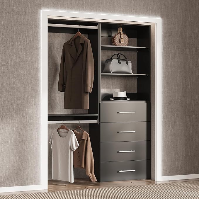 Modular Closet System, 61" Wide Closet Organizer System with Tower and Drawers, Wood Tower Closet Storage for Walk In Closets, Wall Mounted Wardrobe Organizer Kit System, Bedroom, Black