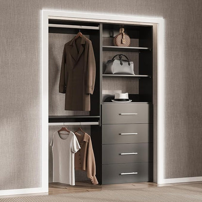 Modular Closet System, 61" Wide Closet Organizer System with Tower and Drawers, Wood Tower Closet Storage for Walk In Closets, Wall Mounted Wardrobe Organizer Kit System, Bedroom, Black