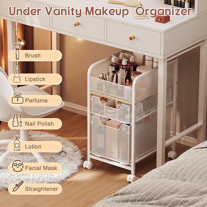 Hongtamoya Rolling Makeup Cart Organizer with 2 Drawers, Narrow Floor Skincare Organizers, Vanity Organizer Cosmetics Display Cases Holder for Skin Care Nail Polish Perfume Makeup Brush, White