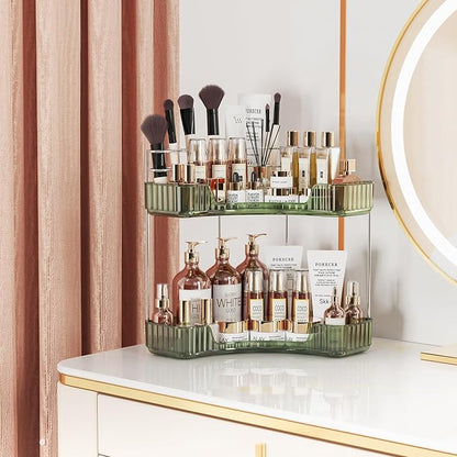 Asayuee 2-Tier Corner Bathroom Counter Organizer with Top Toothbrush Holders,Large Makeup Organizer Countertop with Brush Holder,Skincare Organizers Corner,Exquisite Vanity Organizer(Green, 2 Tier)