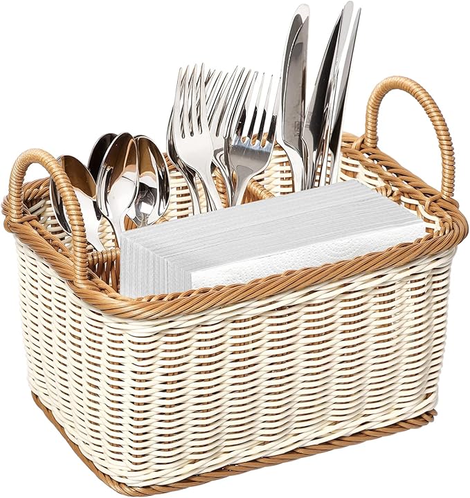Cabilock Silverware Caddy Woven Basket Cutlery Holder, Napkin and Utensil Picnic Basket Silverware Organizer Utensil Holder for Kitchen Countertop with Handle