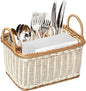 Cabilock Silverware Caddy Woven Basket Cutlery Holder, Napkin and Utensil Picnic Basket Silverware Organizer Utensil Holder for Kitchen Countertop with Handle