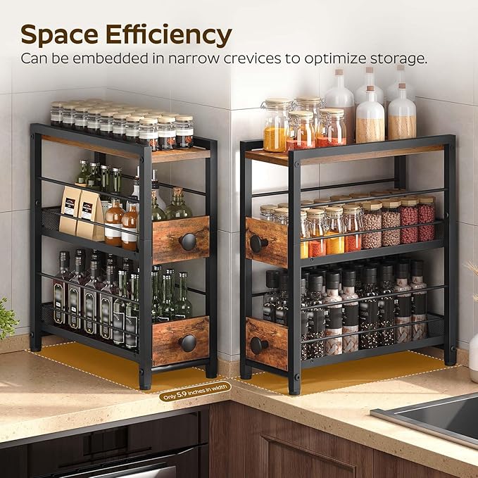 YATINEY Spice Rack, 3-Tier Pull Out Spice Rack Organizer for Countertop, Narrow Kitchen Countertop Storage Shelf with 2 Drawers, for Kitchen, Cafe, Rustic Brown and Black SR02BR